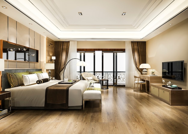 Suite de dormitorio de lujo en hotel resort de gran altura con mesa de trabajo