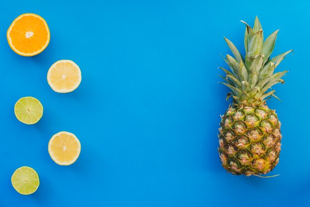 Foto gratuita superficie azul con piña y otras frutas