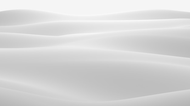 Superficie blanca con reflejos. Fondo de ondas de luz mínima suave. Olas de seda borrosas. Flujo mínimo de ondas suaves en escala de grises. Ilustración de render 3D.