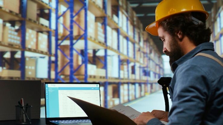 Foto gratuito supervisor de exportación que redacta la facturación para la logística de los productos