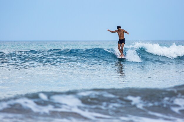 Surfer coreano monta un longboard sobre olas azules