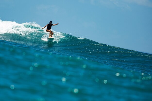 Surfista en una ola azul.