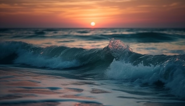 Foto gratuita los surfistas al atardecer montan olas en un crepúsculo tranquilo generado por ia