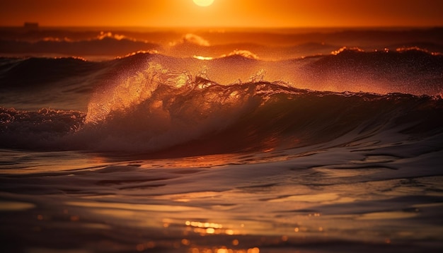 Foto gratuita los surfistas al atardecer montan olas en un paraíso tropical generado por ia