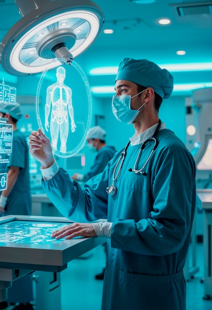 Surgeon interacting with holographic anatomy in operating room