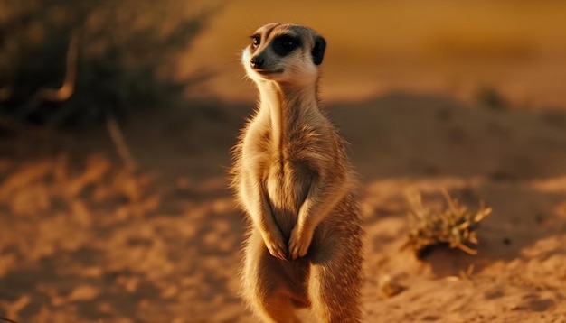 Foto gratuita suricata en alerta permanente observando la belleza de la naturaleza al atardecer generada por ia