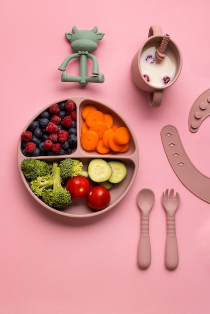 Foto gratuita surtido de alimentos nutritivos para niños plano