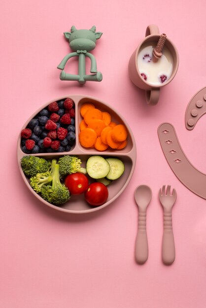 Surtido de alimentos nutritivos para niños plano