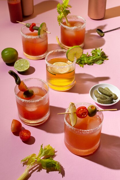 Surtido de bebidas picante michelada en la mesa