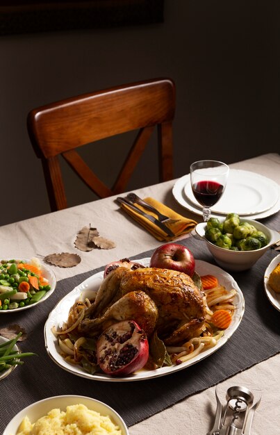 Surtido de cena de acción de gracias en la mesa.