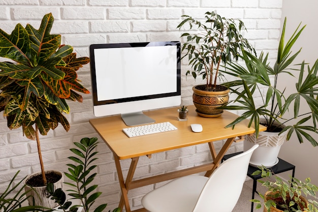 Surtido de escritorio de alto ángulo y plantas.