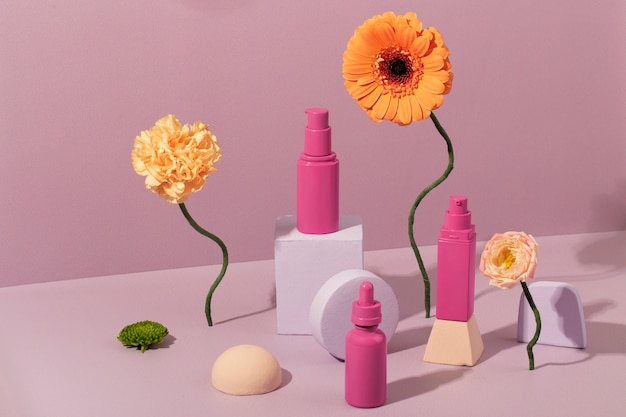 Surtido de flores y productos cosméticos