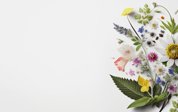 Surtido de hojas y flores sobre fondo blanco.