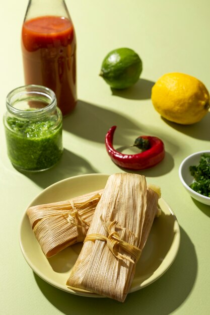 Surtido de ingredientes de tamales en una mesa verde