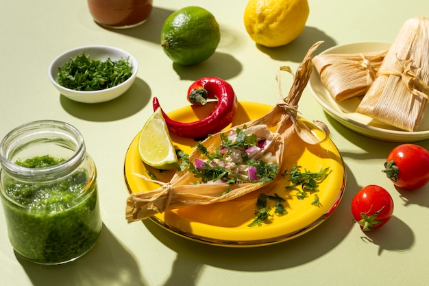 Surtido de ingredientes de tamales en una mesa verde