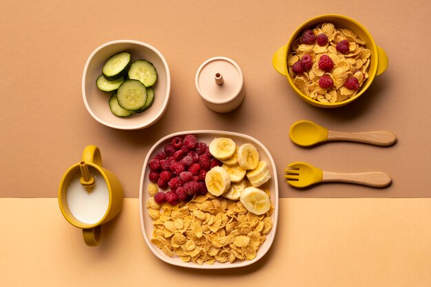 Surtido plano de comida infantil sabrosa