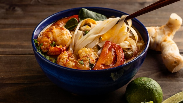 Surtido sabroso de alto ángulo de fideos en una mesa