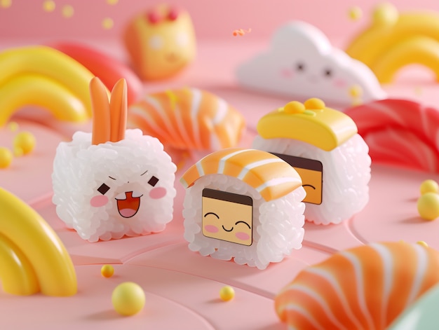 Foto gratuita el sushi 3d con cara es lindo.