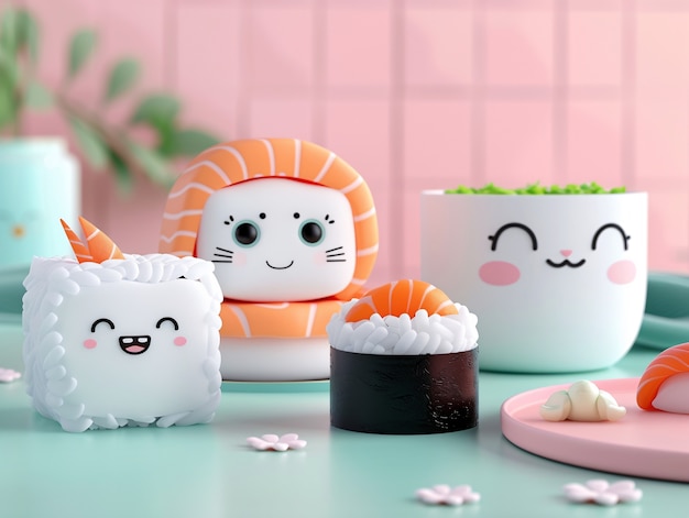 Foto gratuita el sushi 3d con cara es lindo.