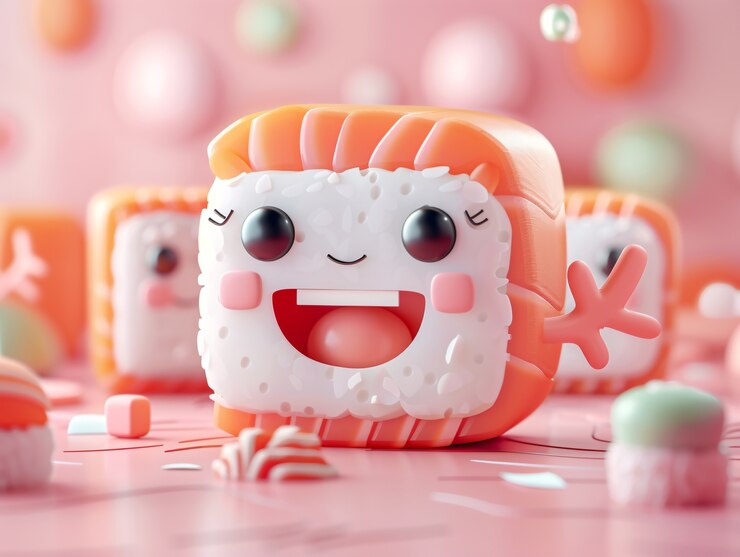 Foto gratuito el sushi 3d con cara es lindo.