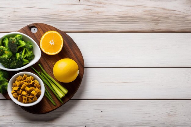 Una tabla de cortar con ingredientes para una ensalada que incluye cebollas verdes, zanahorias y cebollas verdes.