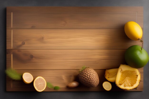 Una tabla de cortar de madera con una variedad de frutas y verduras.