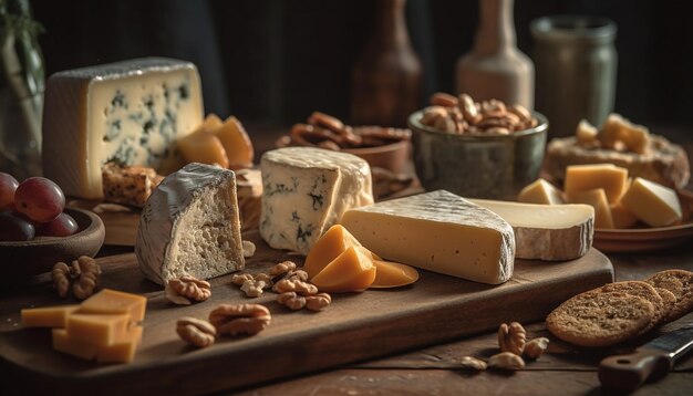 Tabla de quesos rústica con variaciones francesas gourmet generadas por IA