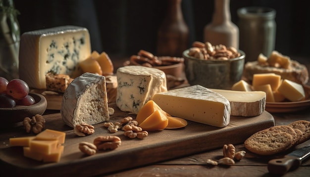 Tabla de quesos rústica con variaciones francesas gourmet generadas por IA