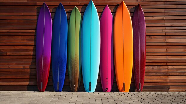 Foto gratuita una tabla de surf multicolor se apoya en una pared lista para aventuras en el mar