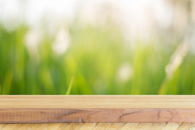 Tabla vacía del tablero de madera delante del fondo borroso. La madera marrón de la perspectiva sobre árboles de la falta de definición en bosque - se puede utilizar imita para la exhibición o montage sus productos. temporada de primavera. vendimia filtrada.