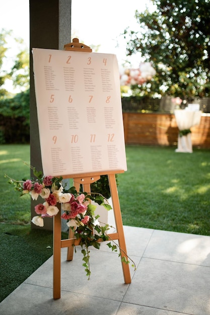 Tablero de bienvenida en el lugar de la boda al aire libre.