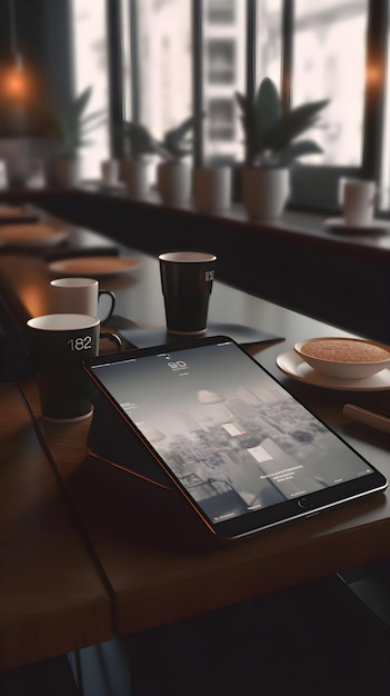 Foto gratuita tablet pc y taza de café en una mesa de madera en una cafetería