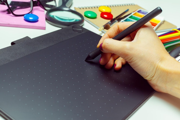 Foto gratuito tableta gráfica de escritorio del artista conceptual