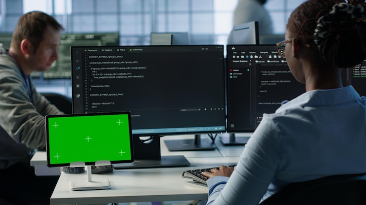 Foto gratuito tableta de pantalla aislada frente a los trabajadores de soporte de ti que codifican en las computadoras