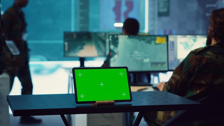 Foto gratuito tableta con pantalla verde que se ejecuta en una base de operaciones del puesto de mando