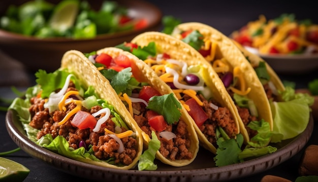 Foto gratuita taco de carne a la parrilla con tomate guacamole y cilantro en tortilla generada por inteligencia artificial