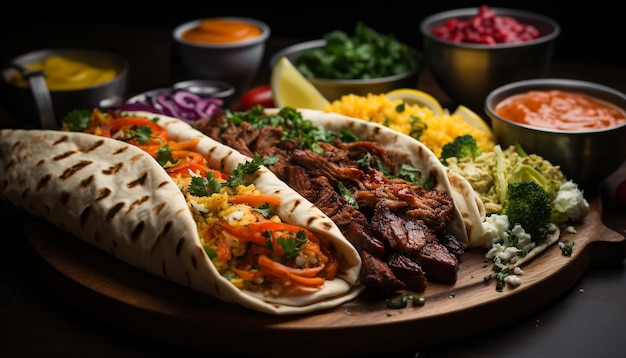 Foto gratuita taco de filete a la parrilla con tomate guacamole y cilantro en pan plano generado por inteligencia artificial