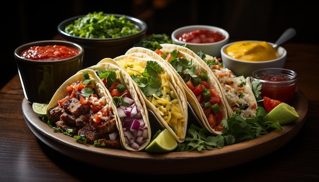 Foto gratuita taco de guacamole casero y carne en un plato de tortilla generado por inteligencia artificial