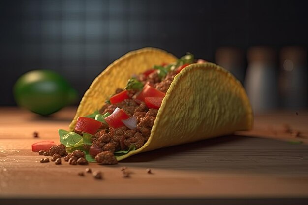 Tacos mexicanos tradicionales con carne y verduras en la mesa de madera en la cocina Ai generativo