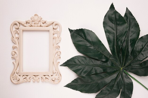 Talla de marco de madera rectangular en una sola hoja verde contra el telón de fondo