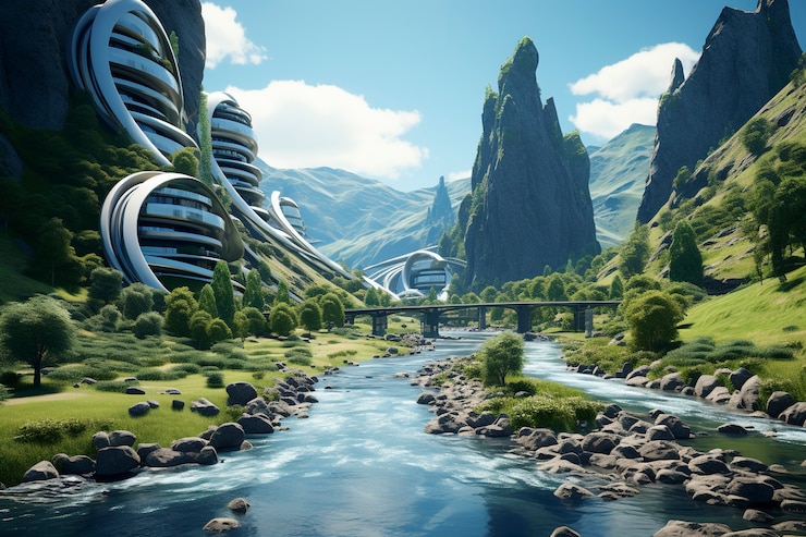 Photo Gratis tampilan kota futuristik dengan tanaman hijau dan tumbuh-tumbuhan