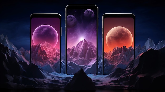 Tampilan ponsel cerdas dengan wallpaper abstrak yang keluar dari layar