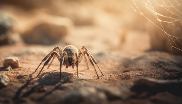 Foto gratuita tarántula peluda se arrastra sobre una telaraña amarilla generada por ia