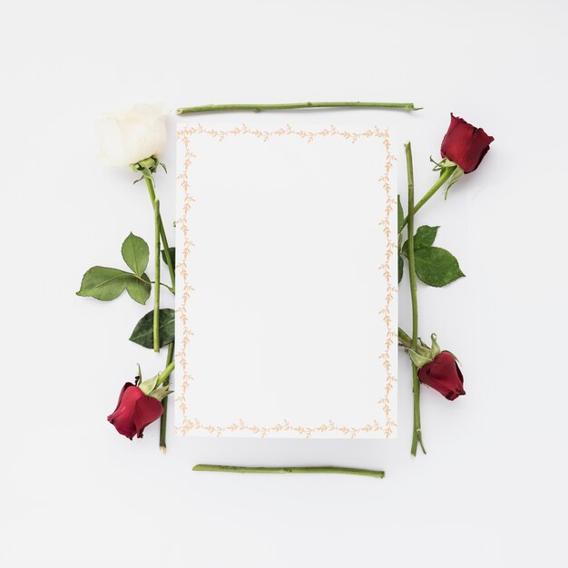 Tarjeta en blanco con rosas rojas y blancas sobre fondo blanco