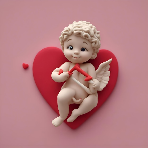 Tarjeta del día de San Valentín con cupido y corazón rojo renderizado 3d