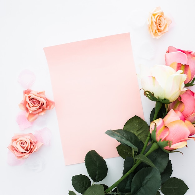 Tarjeta de felicitación con rosas y pétalos en blanco