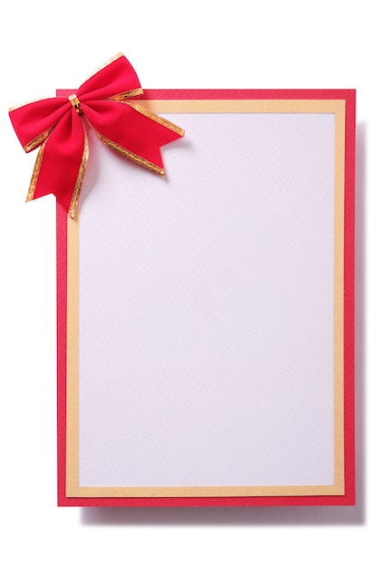 Tarjeta de regalo de navidad lazo rojo borde dorado vertical