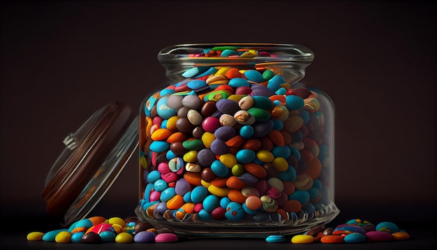 Tarro de caramelo multicolor sobre fondo negro indulgencia vibrante generada por IA