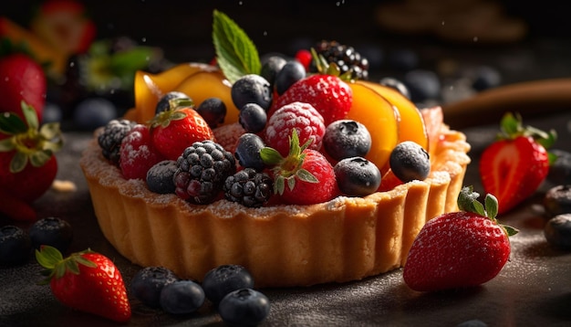 Foto gratuita tarta de bayas dulces en un plato rústico de madera generado por ia