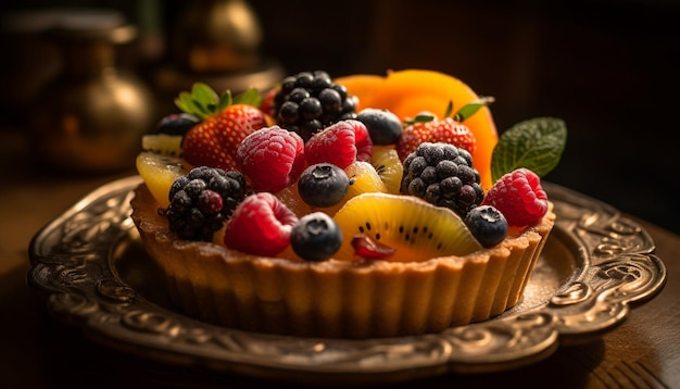 Foto gratuita tarta de bayas dulces en un plato rústico de madera generado por ia